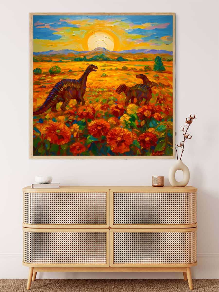 Malen nach Zahlen - Dinosaurier auf Blumenfeld - hochwertige Leinwand - 170523, Dinosaurier, Neu eingetroffen, Quadratisch