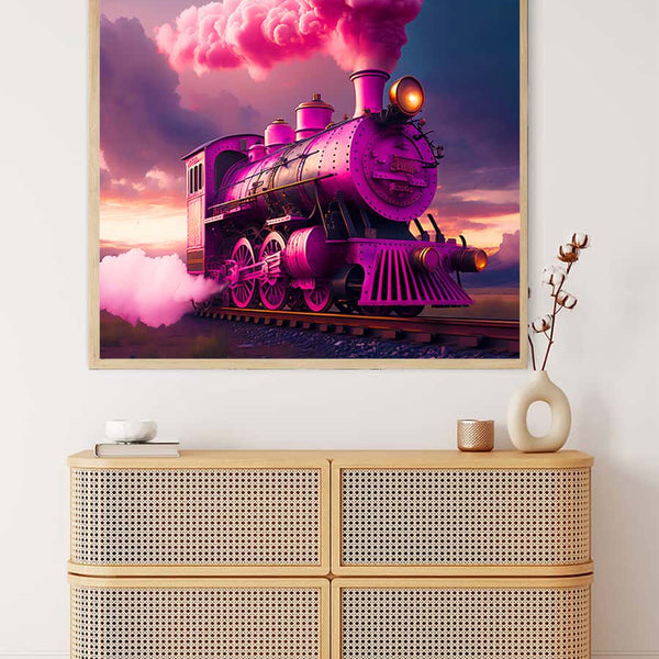 "Diamond Painting - Pink Train at Night - Paint by Numbers Kit on Canvas with Acrylic Diamonds"