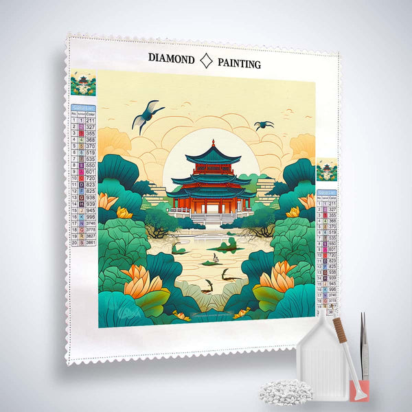 Diamond Painting Kit - Japanese Style Scenery with Temple, Acrylic Diamonds, Tweezers, and Application Pen. Paint by Numbers Art.