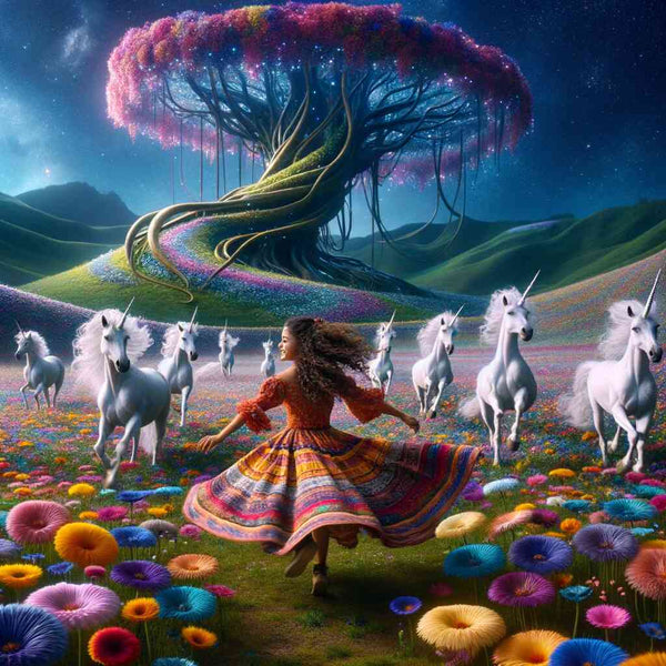 Paint by Numbers kit featuring a girl dancing under a colorful Tree of Life surrounded by unicorns and vibrant flowers at night.