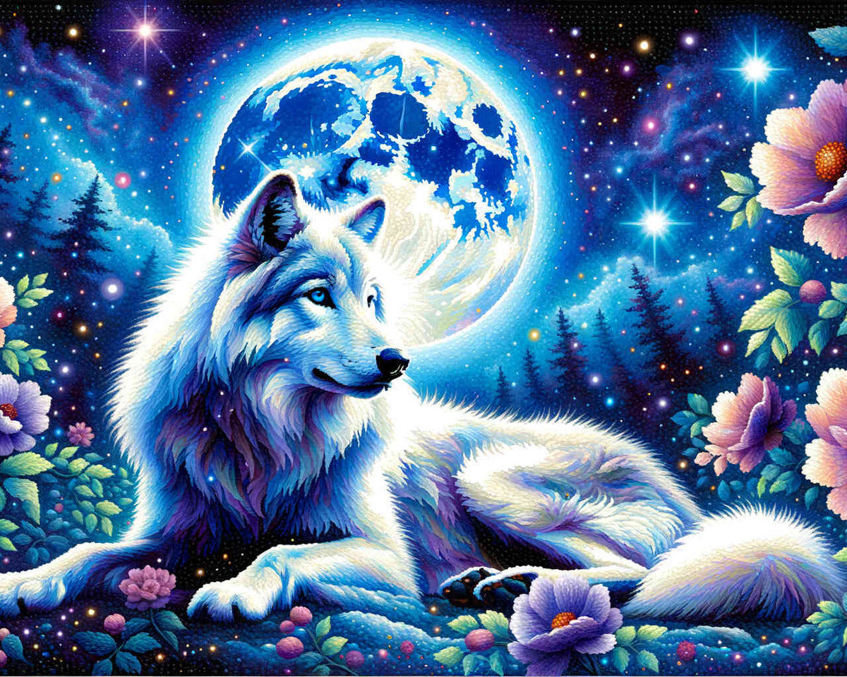 Wolf in full moon with flower - Paint by Numbers