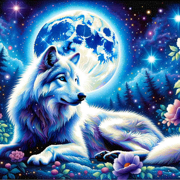 Wolf in full moon with flower - Paint by Numbers