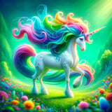 Paint by Numbers colorful unicorn kit for adults, featuring a vibrant rainbow unicorn in a magical forest setting.