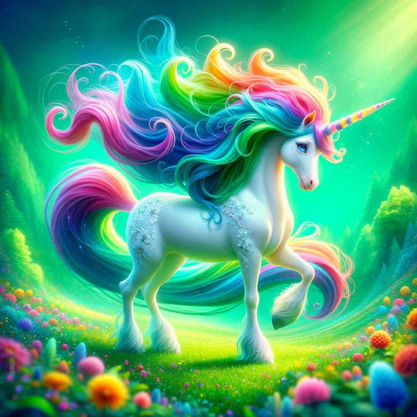 Paint by Numbers colorful unicorn kit for adults, featuring a vibrant rainbow unicorn in a magical forest setting.