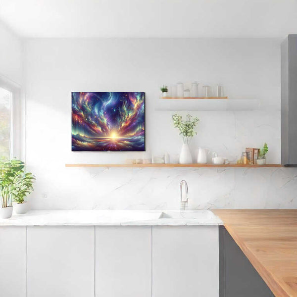 Paint by Numbers - Cosmic Awakening artwork displayed in a modern kitchen, featuring vibrant colors and galaxy-inspired design.