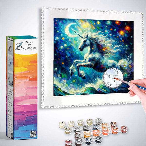 Paint by Numbers - Cosmic Dream Dance featuring a radiant unicorn in a galaxy of vibrant colors, with paint set and brush in the foreground