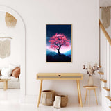 Diamond Painting Japanese Tree on wall, Paint by Numbers kit with enhanced acrylic diamonds, framed art in modern living room.