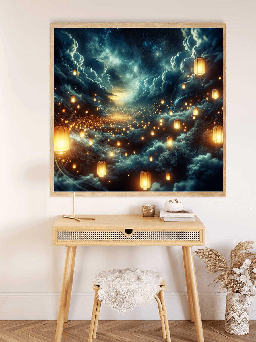 Paint by Numbers - Starry Night of Wishes artwork featuring glowing lanterns in a dreamy nocturnal landscape displayed above a desk.
