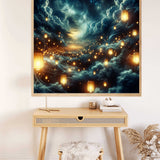Paint by Numbers - Starry Night of Wishes artwork featuring glowing lanterns in a dreamy nocturnal landscape displayed above a desk.