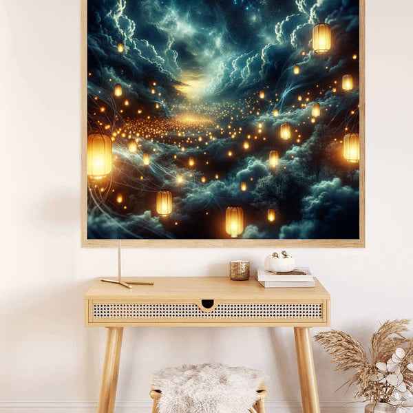 Paint by Numbers - Starry Night of Wishes artwork featuring glowing lanterns in a dreamy nocturnal landscape displayed above a desk.