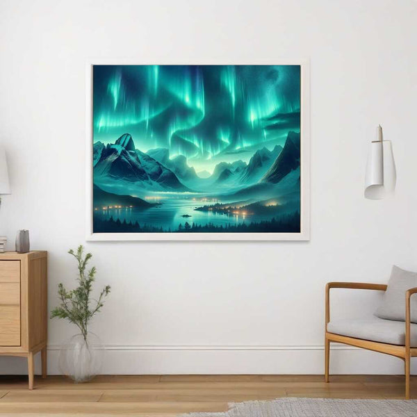 Diamond painting of green aurora over mountain scene in a modern living room, featuring Paint by Numbers artwork.