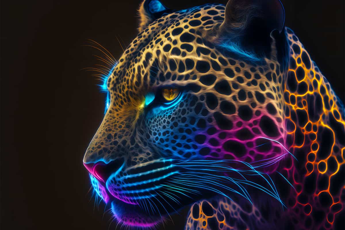 AB Diamond Painting - Leopard Color Play, vibrant digital art of a leopard with colorful patterns, paint by numbers kit.