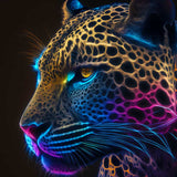 AB Diamond Painting - Leopard Color Play, vibrant digital art of a leopard with colorful patterns, paint by numbers kit.