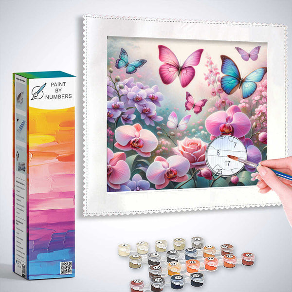 Paint by Numbers - Butterfly and flowers in pink