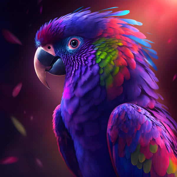 Vibrant purple parrot with colorful feathers in AB Diamond Painting - Papagai Purple, Paint by Numbers kit.