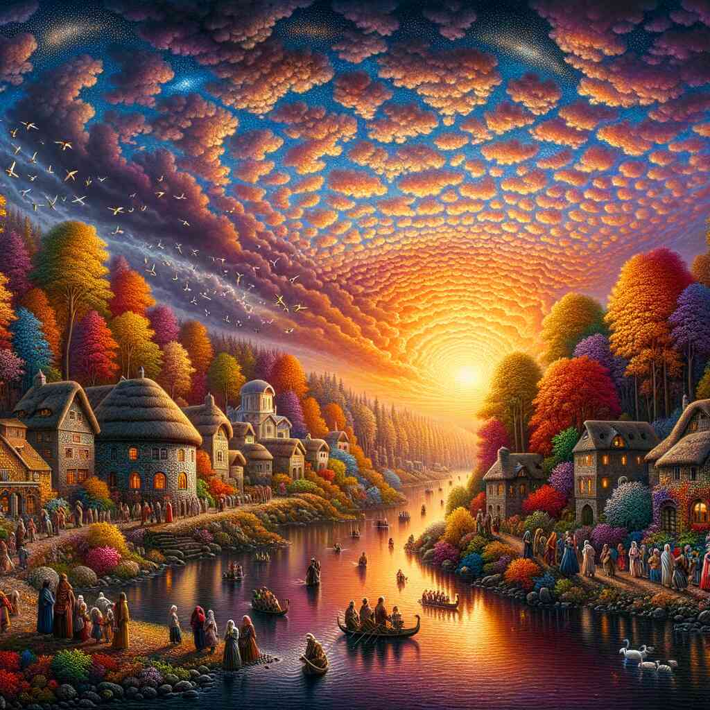 Paint by Numbers - Evening splendor on the river bank with colorful forest, medieval village, and serene water under a vibrant sunset sky.