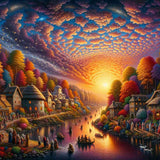 Paint by Numbers - Evening splendor on the river bank with colorful forest, medieval village, and serene water under a vibrant sunset sky.