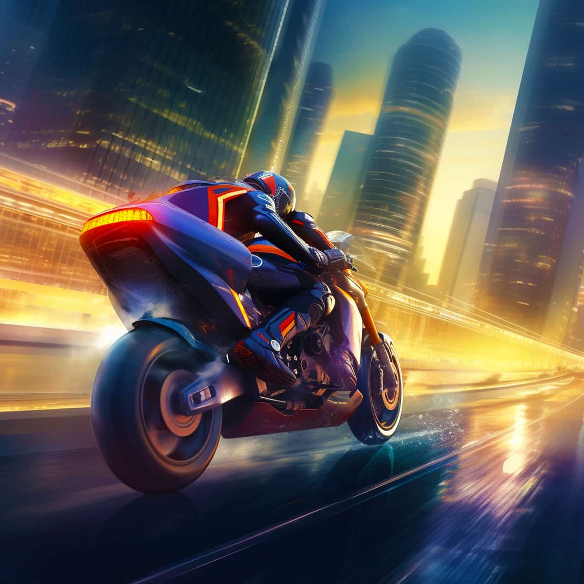 Diamond painting kit featuring a high-speed motorcycle in a futuristic urban jungle, perfect for paint by numbers enthusiasts.