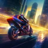 Diamond painting kit featuring a high-speed motorcycle in a futuristic urban jungle, perfect for paint by numbers enthusiasts.