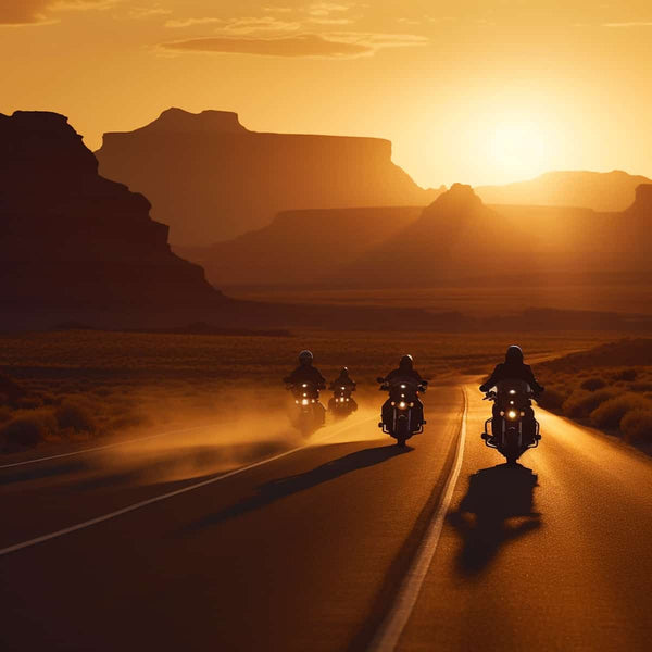 Three motorcyclists riding on a highway through a desert landscape at sunset.