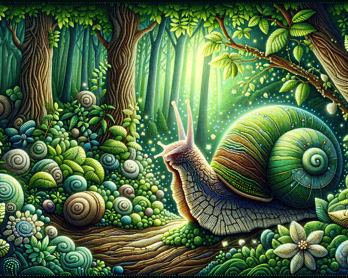 Diamond painting of a majestic wood snail in a forest with jewel-like patterns on its shell, surrounded by lush green foliage. Paint by Numbers.