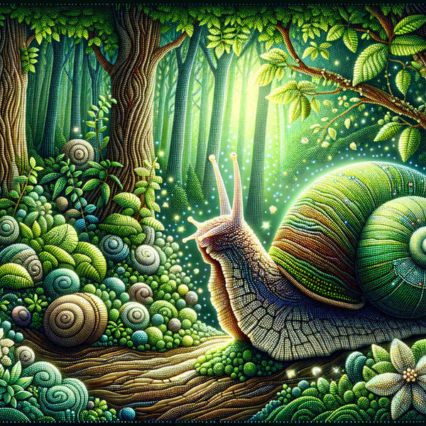 Diamond painting of a majestic wood snail in a forest with jewel-like patterns on its shell, surrounded by lush green foliage. Paint by Numbers.