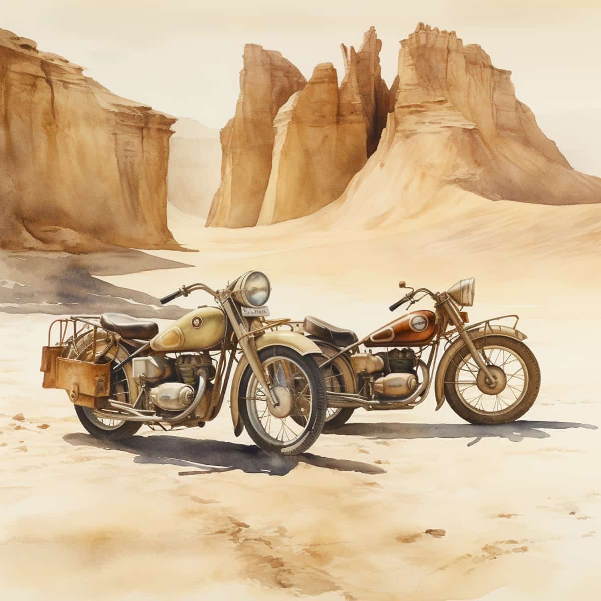 Two vintage motorbikes in a desert landscape with towering rock formations.