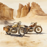 Two vintage motorbikes in a desert landscape with towering rock formations.