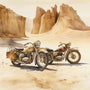Two vintage motorbikes in a desert landscape with towering rock formations.