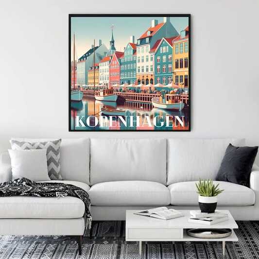 Paint by Numbers - Coastal Magic of Copenhagen wall art depicting a pastel-colored Scandinavian harbor idyll with sailboats and orange roofs