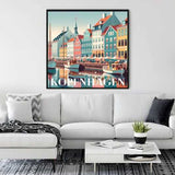 Paint by Numbers - Coastal Magic of Copenhagen wall art depicting a pastel-colored Scandinavian harbor idyll with sailboats and orange roofs