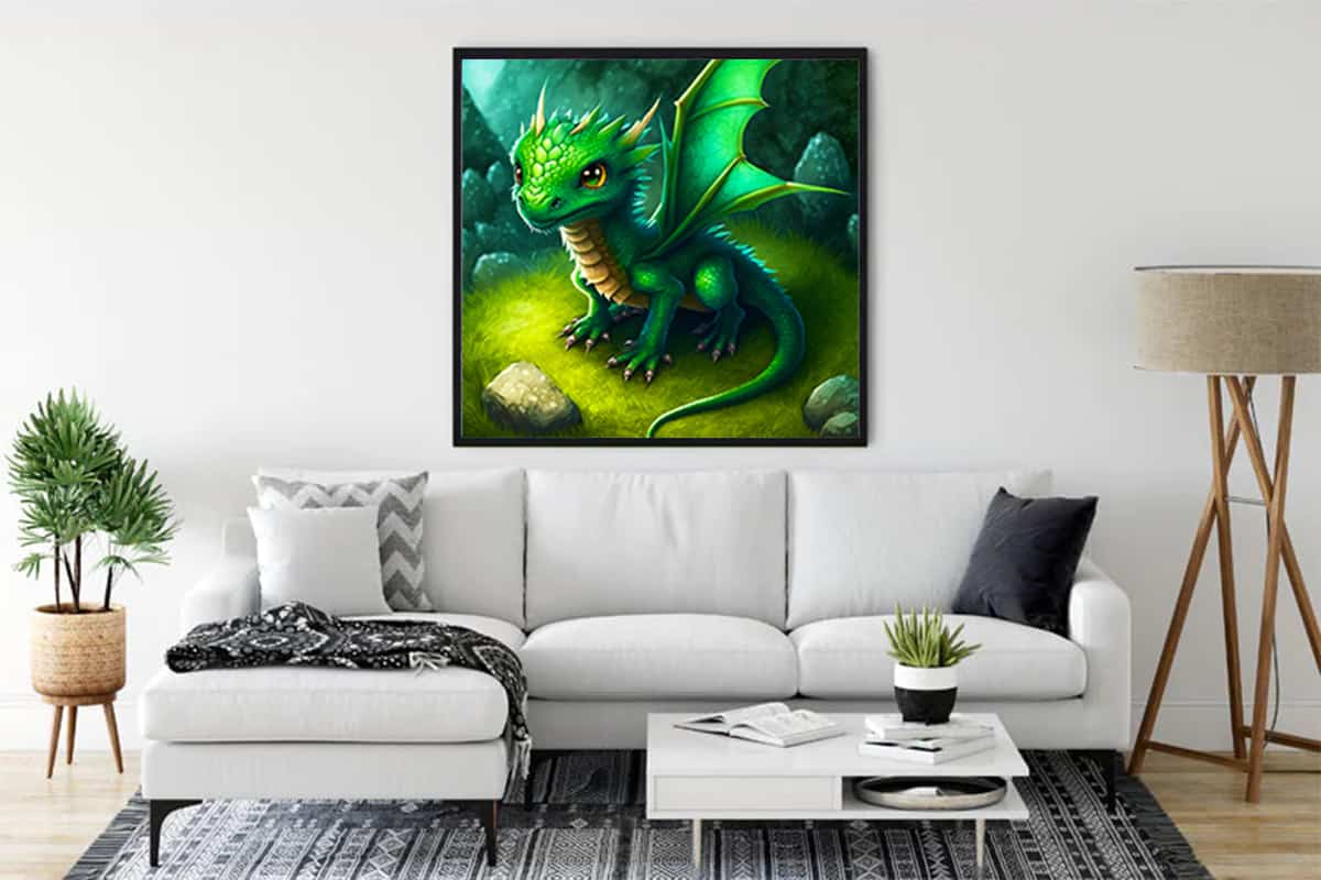 Diamond painting of a green dragon titled "Storm Wings" displayed on a wall above a sofa in a modern living room.