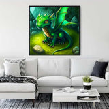 Diamond painting of a green dragon titled 