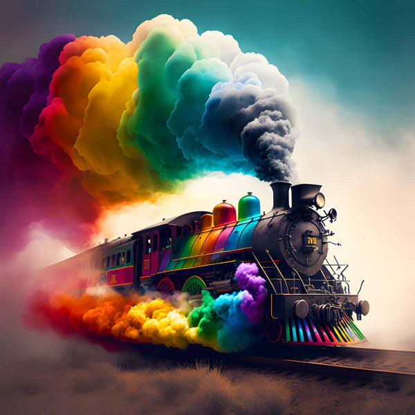 Colorful steam train releasing vibrant rainbow smoke, a perfect match for AB Diamond Painting Kits - Art that Sparkles! Paint by Numbers.