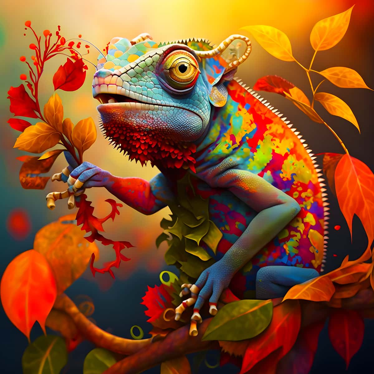 Diamond Painting - Lizard in the forest with vibrant autumn colors, featuring detailed textures and sparkling diamonds, Paint by Numbers kit.