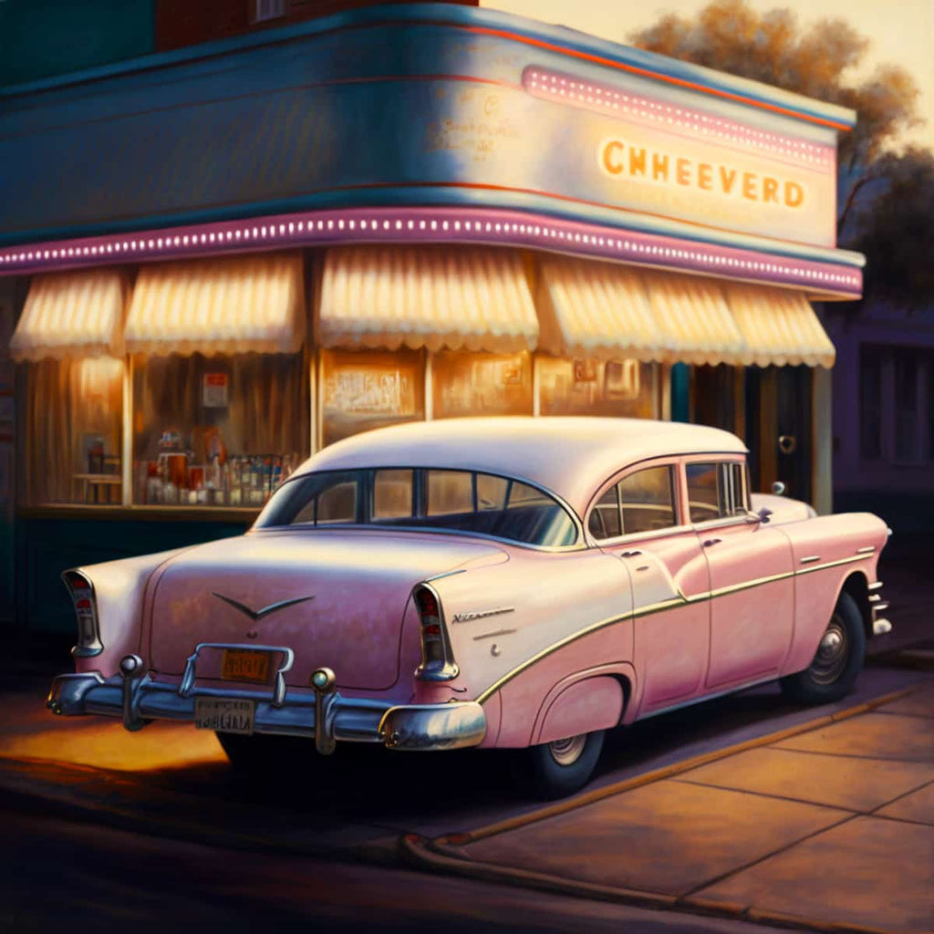 Vintage gas station romance scene of the 50s with a classic pink car parked in front, perfect for diamond painting and paint by numbers enthusiasts.