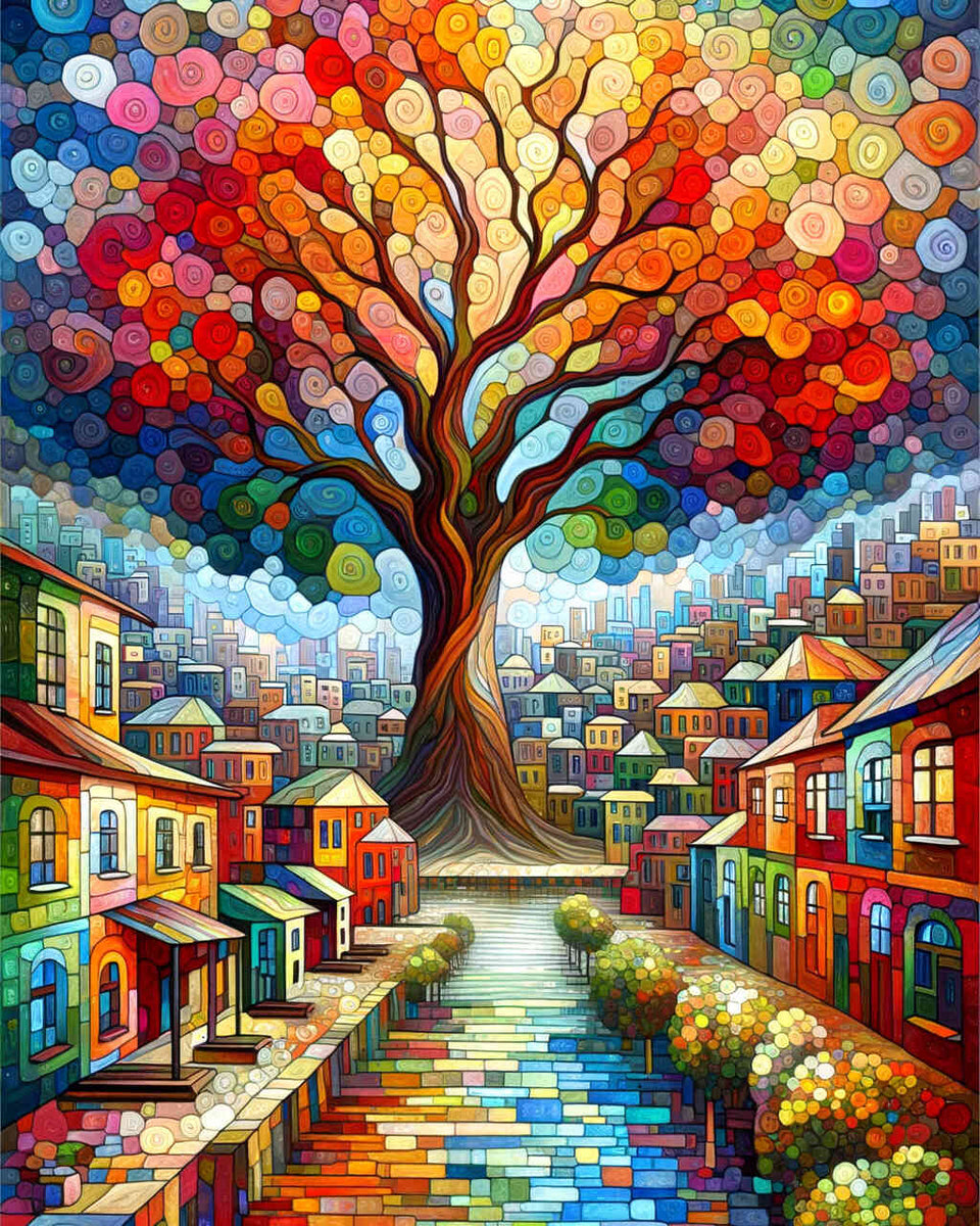 Paint by Numbers - City Around Tree Abstract