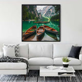 Diamond Painting of boats and mountain panorama above a white sofa in a modern living room setup