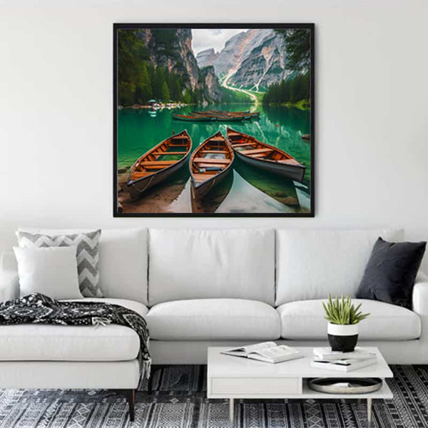Diamond Painting of boats and mountain panorama above a white sofa in a modern living room setup