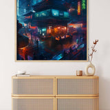 Futuristic pub diamond painting artwork above wicker dresser in modern room.
