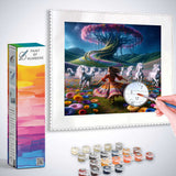 Paint by Numbers kit featuring a girl dancing with unicorns under a magical Tree of Life in a vibrant, starry landscape.