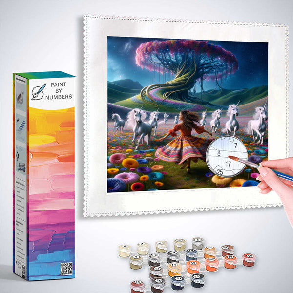 Paint by Numbers kit featuring a girl dancing with unicorns under a magical Tree of Life in a vibrant, starry landscape.