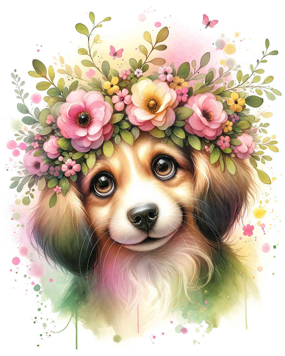 Paint by Numbers - Dog, flower wreath