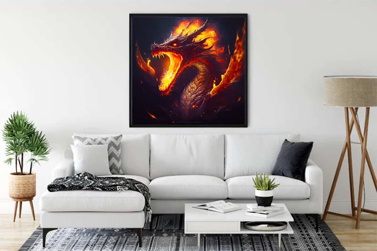 "Diamond Painting - Dragon World displayed on wall above modern living room sofa with minimalist decor"