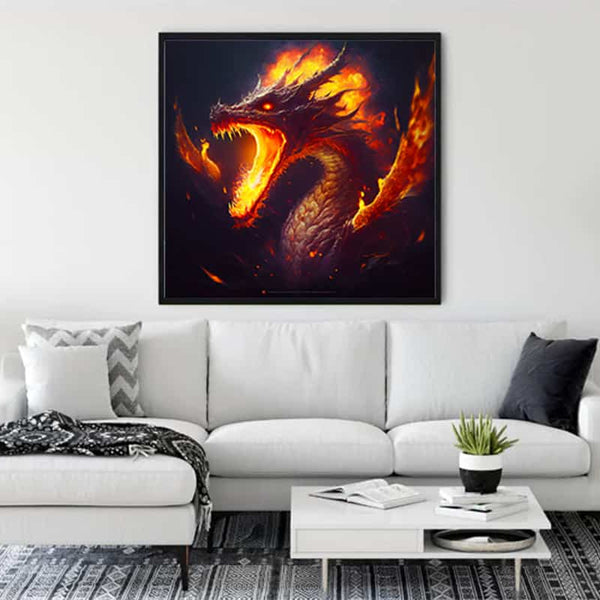 "Diamond Painting - Dragon World displayed on wall above modern living room sofa with minimalist decor"
