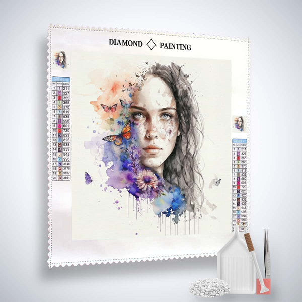 Diamond Painting Kit featuring a gentle woman's portrait with butterflies and flowers, includes canvas, acrylic diamonds, tweezers, and application pen.