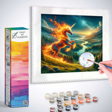 Paint by Numbers kit featuring a fiery unicorn on a meadow with paints, brushes, and a color-by-number guide.