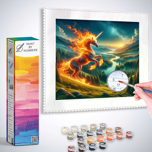 Paint by Numbers kit featuring a fiery unicorn on a meadow with paints, brushes, and a color-by-number guide.