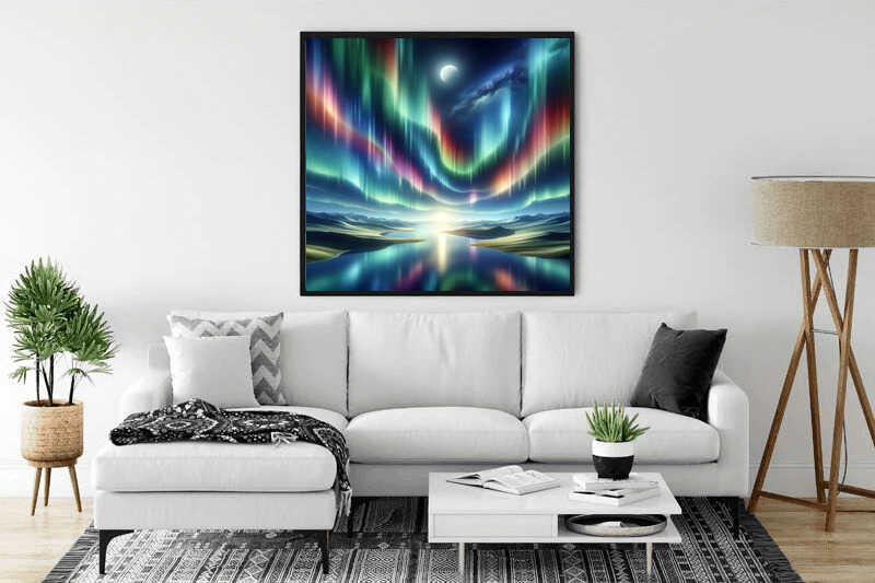 Framed Paint by Numbers artwork "Northern Lights of Silence" hanging above a white sofa in a modern living room.