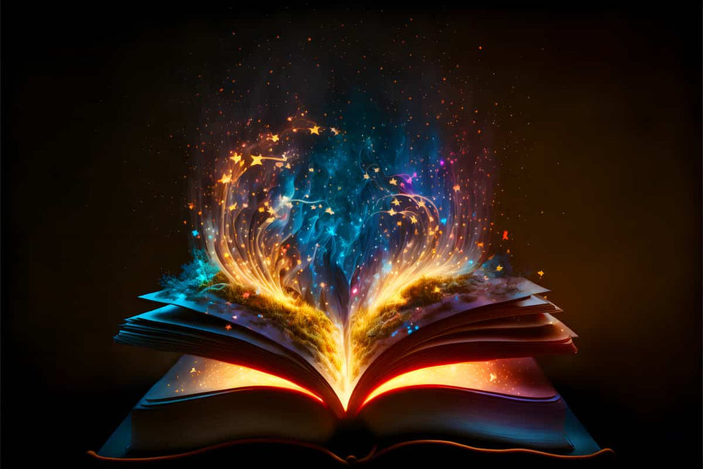 AB Diamond Painting - Magic Book Light with sparkling colorful lights emerging from an open book, highlighting the enchantment of paint by numbers kits.